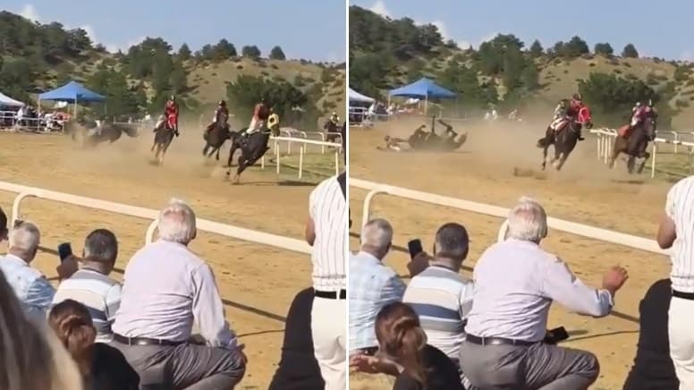Yarış pistine bir anda dalan başıboş at faciaya yol açtı: 1 jokey yaralandı, 2 at telef oldu