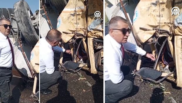 Kayseri'de devrilen arazözde sıkışan şoföre çocukluk arkadaşı başkandan teselli